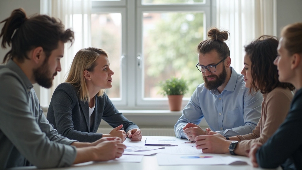 Profesionales colaborando alrededor de mesa de trabajo, analizando gráficos y compartiendo ideas en reunión productiva