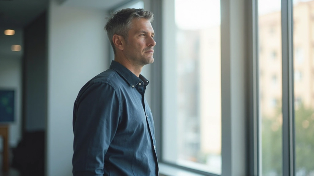 Profesional mirando por ventana grande de oficina pensando en sus objetivos y futuro