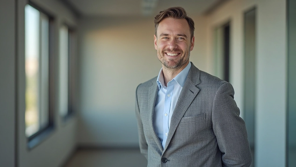 Profesional en traje gris sonriendo con confianza en ambiente de oficina moderna y bien iluminado