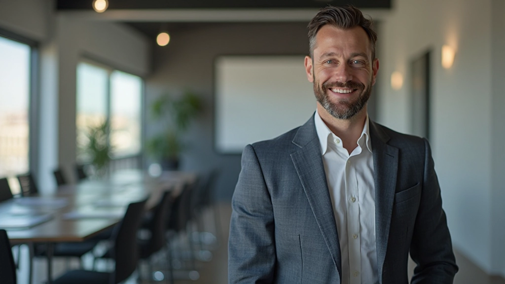 Líder ejecutivo facilitando sesión de comunicación estratégica con equipo de profesionales diversos en sala de conferencias