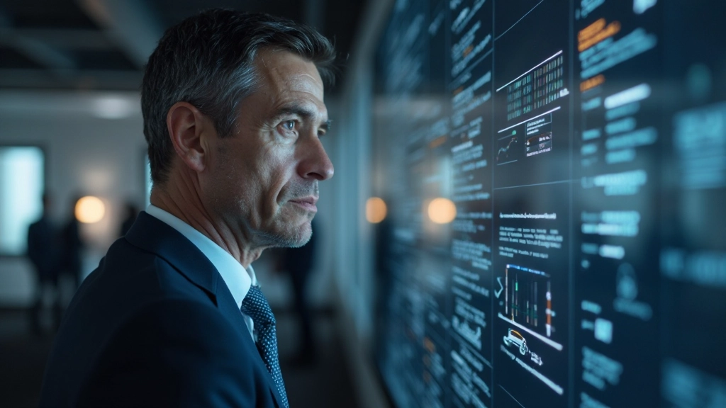 Ejecutivo profesional analizando métricas de desempeño en pantalla, gráficos de rendimiento del equipo y datos de productividad