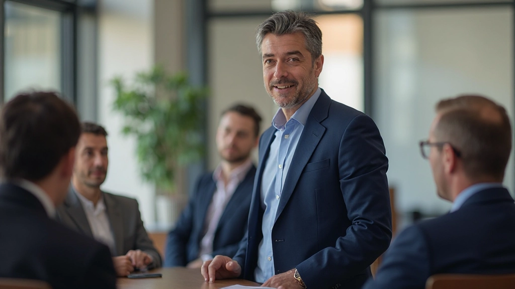 Líder en reunión de equipo facilitando conversación abierta y generando ambiente de confianza