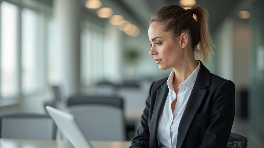 Profesional mujer en entorno de oficina moderna revisando estrategias de liderazgo en pantalla de computadora